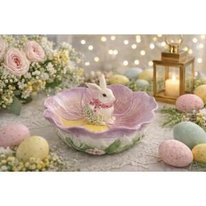 Corner Ruby Easter Bunny Pansy Flower Dish Ceramic Spring Decor